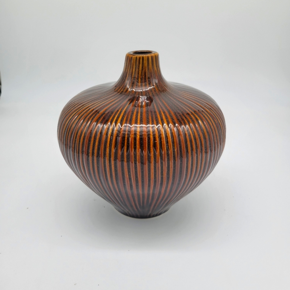 Glazed Pottery Vase Striped Texture Decor Piece NEW